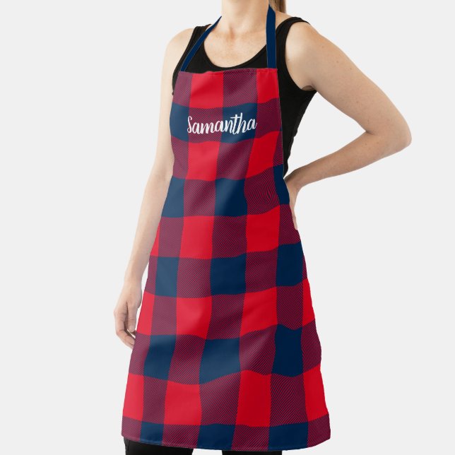 Bright Red Navy Blue Buffalo Plaid Personalised Apron (Insitu)