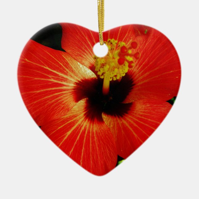 Bright Red Orange  Hibiscus Flower Ceramic Ornament (Front)