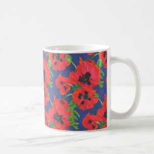 Bright Red Oriental Poppies Pattern on Blue Coffee Mug