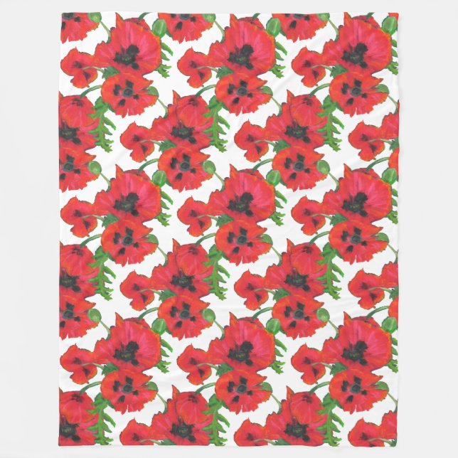 Bright Red Oriental Poppies Pattern on White Fleece Blanket (Front)