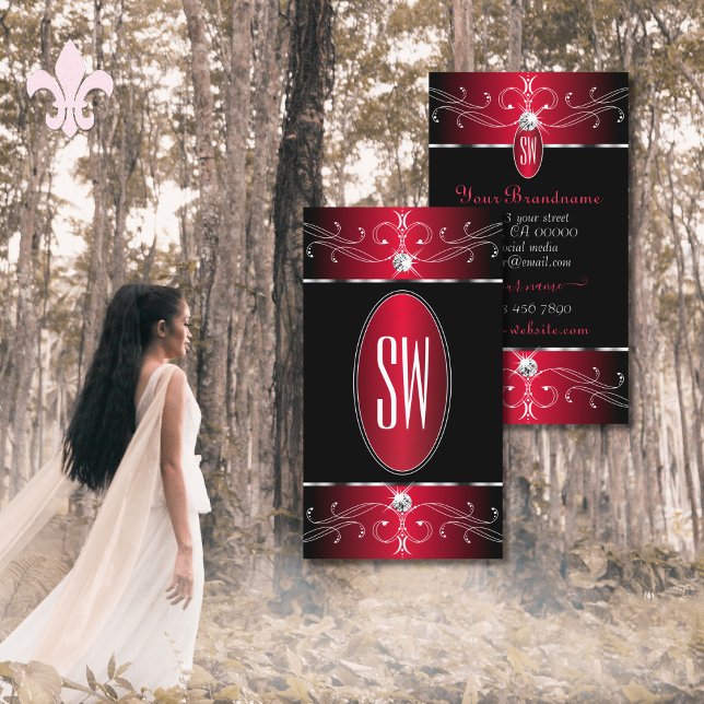 Bright Red Ornate Ornaments Jewels with Monogram Business Card (Creator Uploaded)
