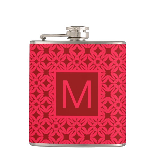 Bright Red Ornate Pattern Monogrammed Hip Flask (Front)