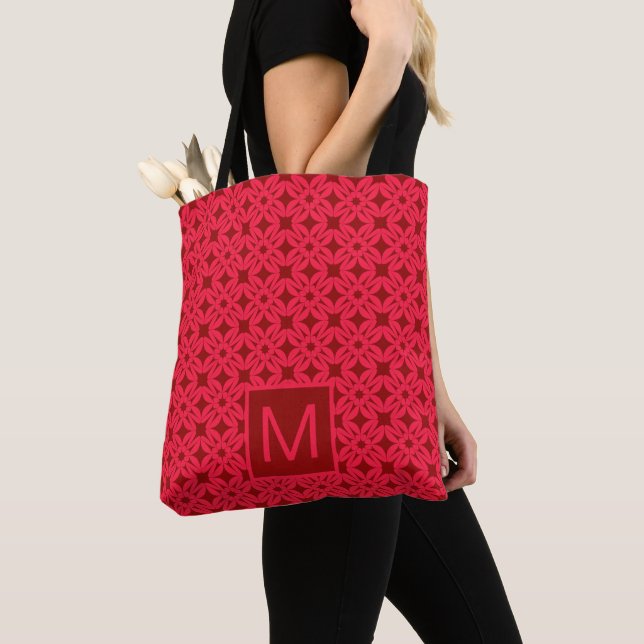 Bright Red Ornate Pattern Monogrammed Tote Bag (Close Up)