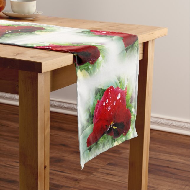Bright red pansy short table runner (In Situ)