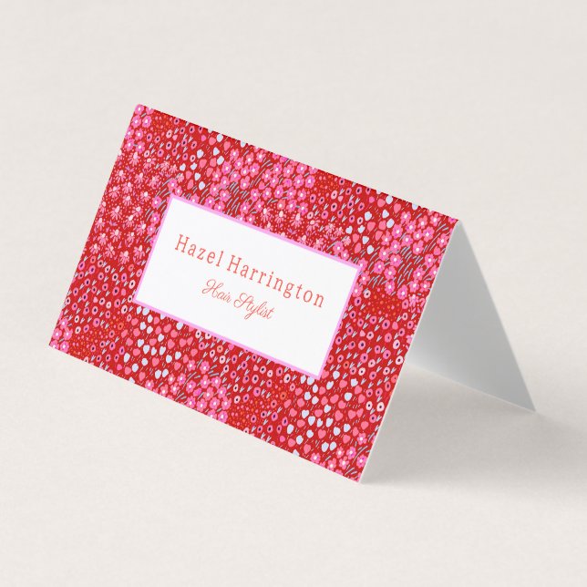 Bright Red Pink Floral Business Card Hair Stylist (Front)