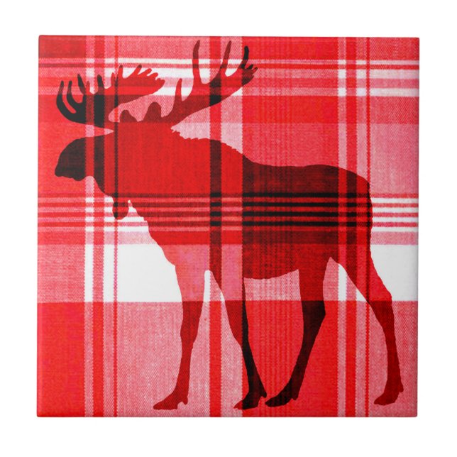 Bright red plaid moose rustic ceramic tile (Front)