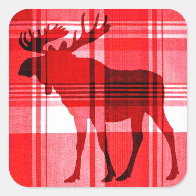 Bright red plaid moose rustic square stickers (Front)