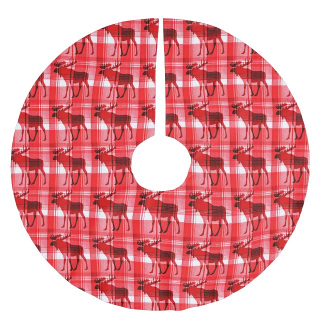Bright red plaid moose rustic tree skirt (Front)