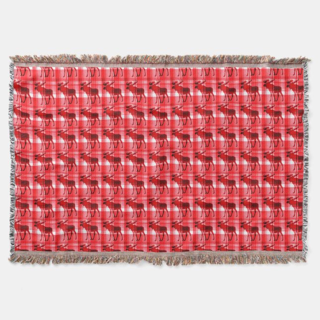 Bright red plaid moose throw blanket (Front)