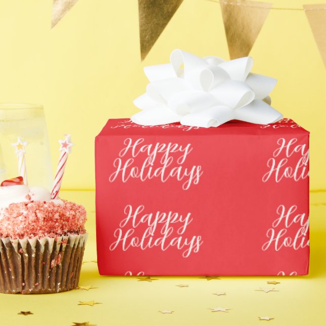 Bright Red Plain Elegant Happy Holidays Handwrite Wrapping Paper (Birthday Party)