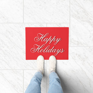 Bright Red Plain Elegant Happy Holidays Message Doormat