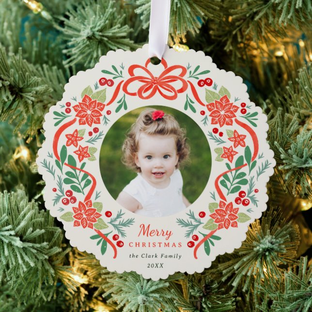 Bright Red Poinsettia and Greenery Christmas Photo Tree Decoration Card (Insitu (Tree))