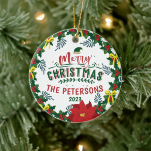 Bright Red Poinsettia Christmas Family Wreath Ceramic Ornament