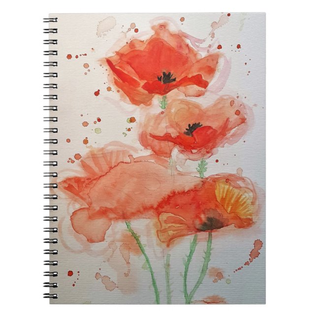 Bright Red Poppies Watercolour Flower Floral  Notebook (Front)