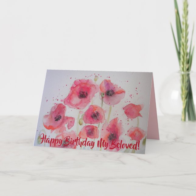 Bright Red Poppies Watercolour Happy Birthday Card (Front)