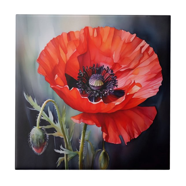 Bright Red Poppy with Dark Centre Ceramic Tile (Front)
