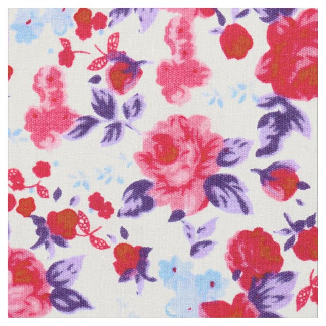 Bright Red, Purple, and Pink Floral Pattern Fabric (Close Up)