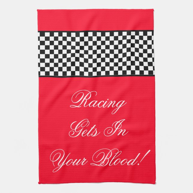 Bright Red Racing Theme Shop Tea Towel (Vertical)
