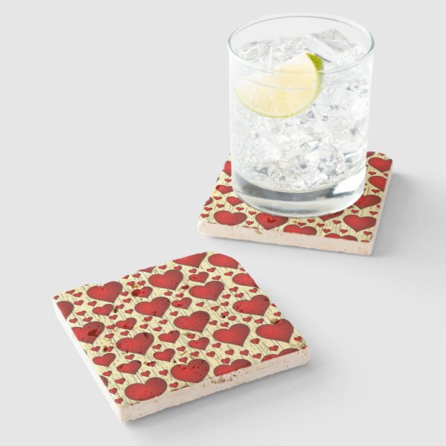 Bright Red Romantic Hearts Pattern Stone Coaster (Side)