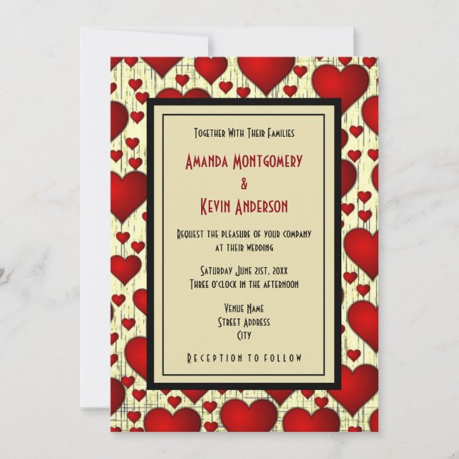 Bright Red Romantic Hearts Pattern Wedding Invitation (Front)