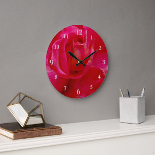 Bright Red Rose Close Up Photograph Large Clock