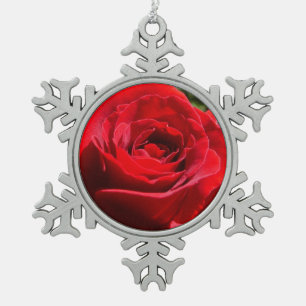 Bright Red Rose Flower Beautiful Floral Snowflake Pewter Christmas Ornament