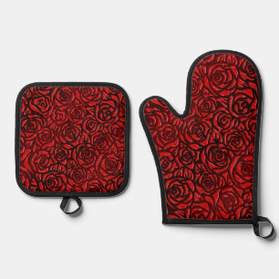 Bright Red Rose Pattern Oven Mitt & Pot Holder Set