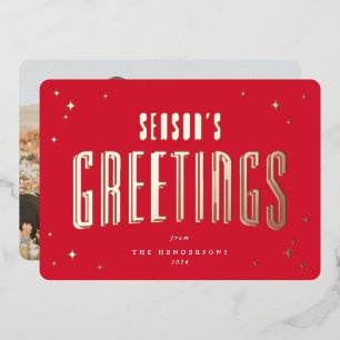 Bright Red Season's Greetings Retro Stars Photo Foil Holiday Card