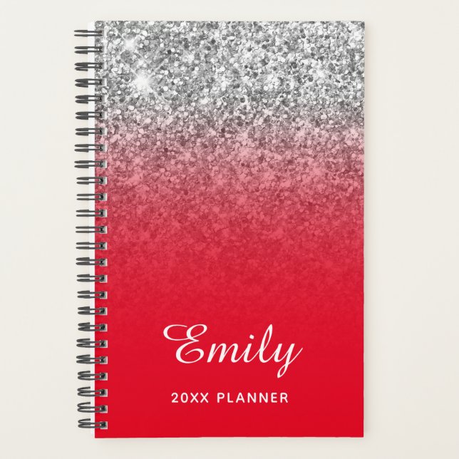 Bright Red Silver Glitter Ombre Personalised Planner (Front)