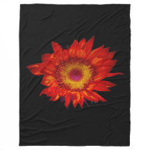 Bright Red Sunflower Black Fleece Blanket