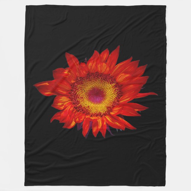 Bright Red Sunflower Black Fleece Blanket (Front)
