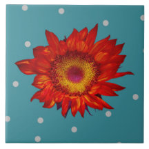 Bright Red Sunflower on Blue Ceramic Tile