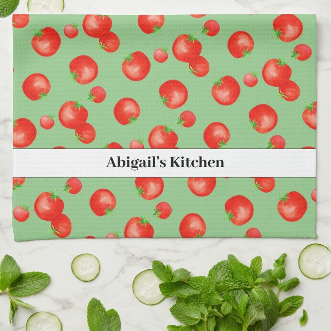 Bright Red Tomato Pattern Mediterranean Inspired  Tea Towel (Folded)