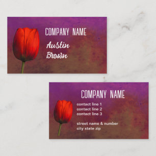 bright red tulip flower art on purple and rust business card