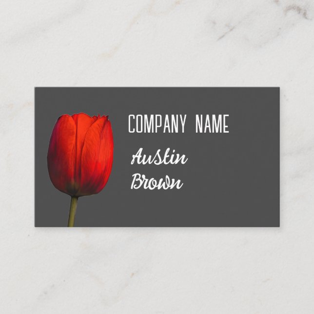  bright red tulip on charcoal grey minimalist  business card (Front)