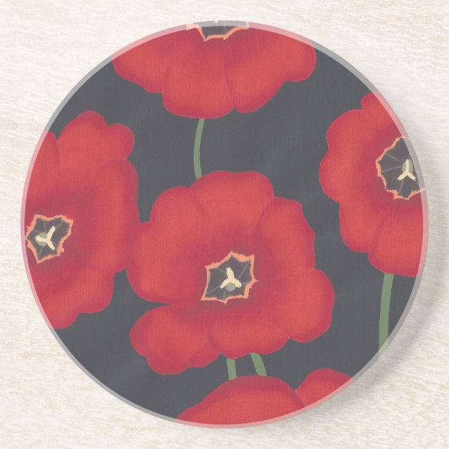 Bright Red Tulips on Black, Drink Coasters (Front)