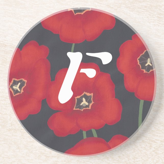 Bright Red Tulips on Black, Monogram Coasters (Front)