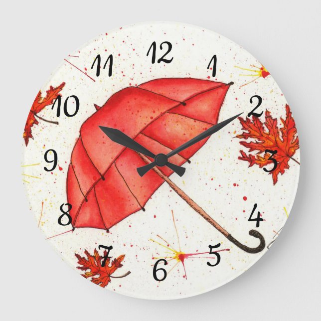 Bright red umbrella and red leaves watercolor large clock (Front)