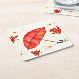 Bright red umbrella and red leaves watercolor square paper coaster