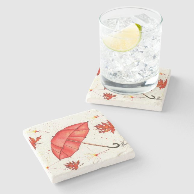 Bright red umbrella and red leaves watercolor stone coaster (Side)