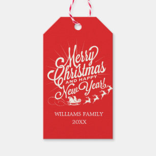 Bright Red Vintage Merry Christmas Happy New Year Gift Tags