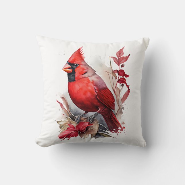 Bright Red Watercolor Winter Cardinal Bird Cushion (Front)