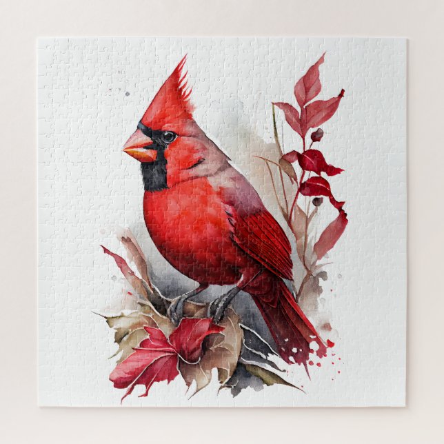 Bright Red Watercolor Winter Cardinal Bird Jigsaw Puzzle (Vertical)