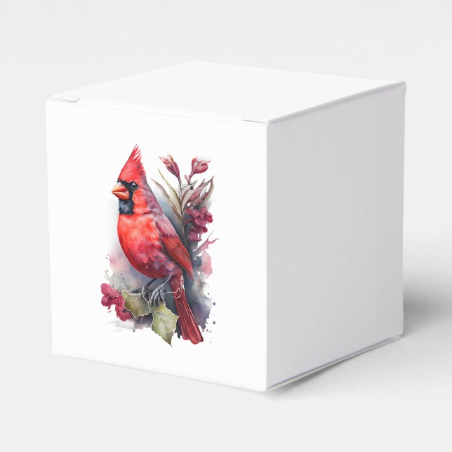 Bright Red Watercolor Winter Cardinal Favour Box (Front Side)