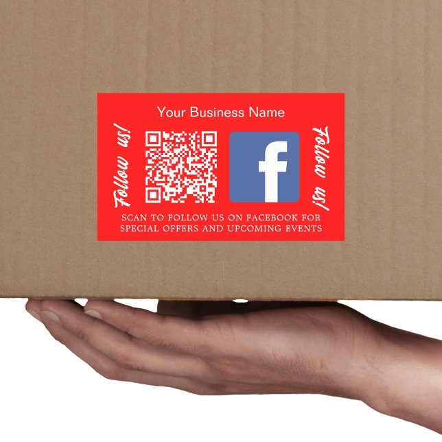 Bright red white business name qr code Facebook Rectangular Sticker (Creator Uploaded)