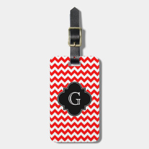 Bright Red White Chevron Black Quatrefoil Monogram Luggage Tag