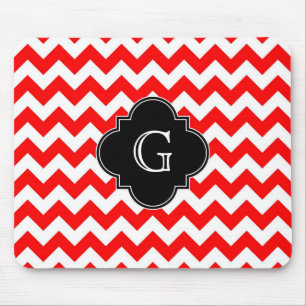 Bright Red White Chevron Black Quatrefoil Monogram Mouse Pad