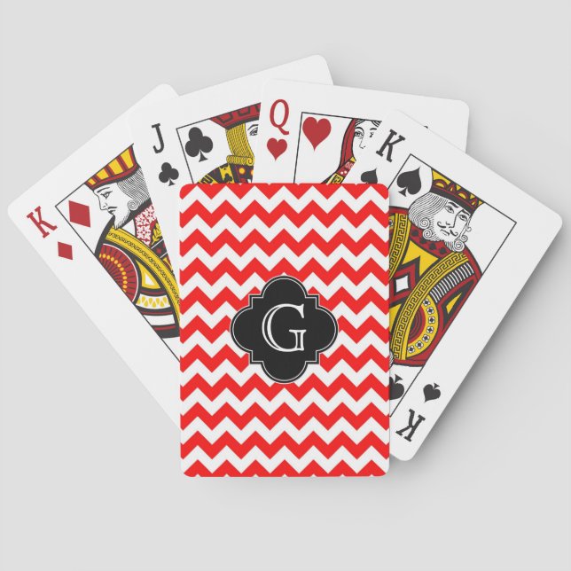Bright Red White Chevron Black Quatrefoil Monogram Playing Cards (Back)