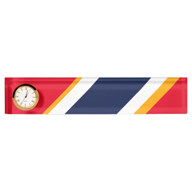 Bright Red White Navy Blue Racing Stripes Clock Nameplate (Front)