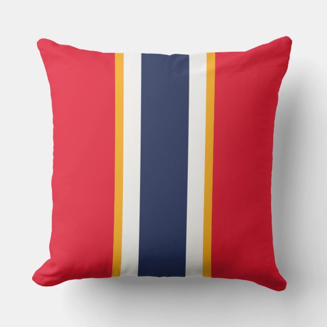 Bright Red White Navy Blue Yellow Racing Stripes Cushion (Front)